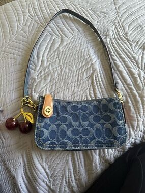 Coach Blue Denim Signature Mini Shoulder Bag with Cherry Charm